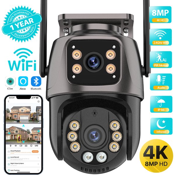 4K 8MP HD Wifi Kamera PTZ Zewnętrzna 4MP Podwójny obiektyw Podwójny ekran AI Automatyczne śledzenie Kamera IP CCTV Audio Video Monitoring P2P iCSee
