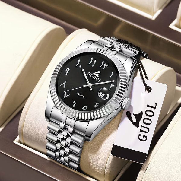 Neue, beliebte Herrenuhr mit Edelstahlarmband und fünf Gliedern, arabischen Ziffern, Business-Stil, rundes Gehäuse, Kalenderfunktion, Geschenk zum Valentinstag, Vatertag, Feiertag, Halloween.