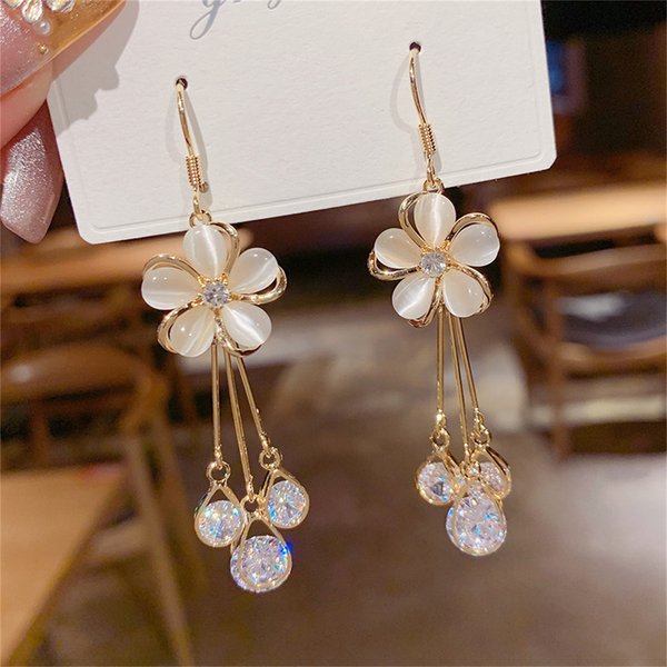 Boucles d'oreilles coréennes en opale pour femmes, bijoux de tempérament, strass, longs pampilles, élégants, cadeau de mariage, nouvelle collection