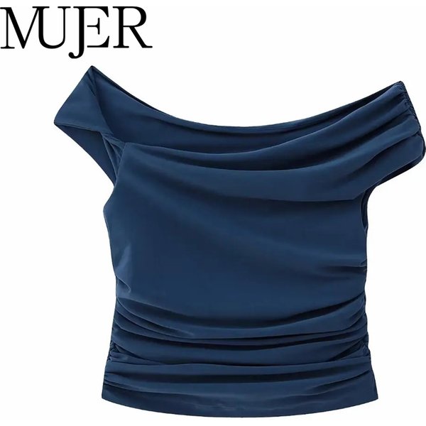 MUJER Pleated Crop Top Women Off houlder Ruched Top Female Sexy Sleeveless Tops for Woman Fashion Streetwear Asymmetric Tops