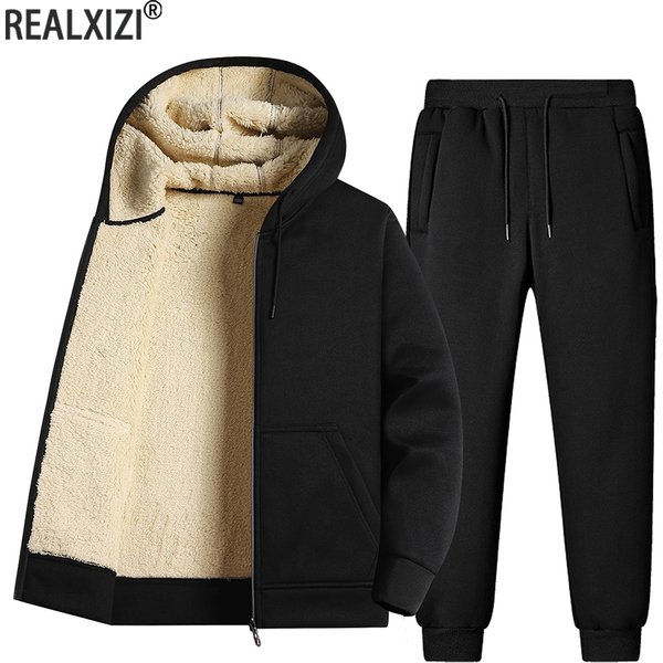 Men Tracksuit Sets Lambswool Thicken Warm Jacket Long Pants Zipper Sweatshirt Coat Trousers Outdoor Casual Fleece Sportswear