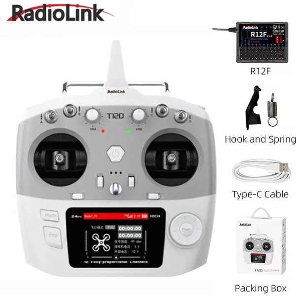 RadioLink T12D, émetteur 12 canaux 2,4 GHz avec récepteur R12F pour drone FPV, aile fixe, voiture, bateau, robot