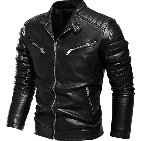 2025, Winter-Schwarz-Lederjacke für Herren, mit Pelz gefüttert, warme Motorradjacke, schlanke Street-Fashion, schwarzer Biker-Mantel, plissiertes Design, Reißverschluss