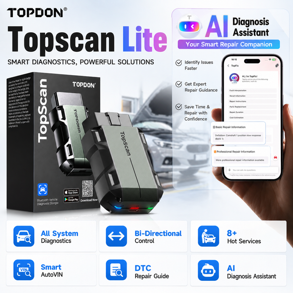TOPDON TopScan Lite OBD2-Scanner Bidirektionales Scan-Tool TopFix AI-Reparaturassistent Vollsystem-Diagnose für 120 Marken 8 Reset-Dienste CAN-FD-Gateway
