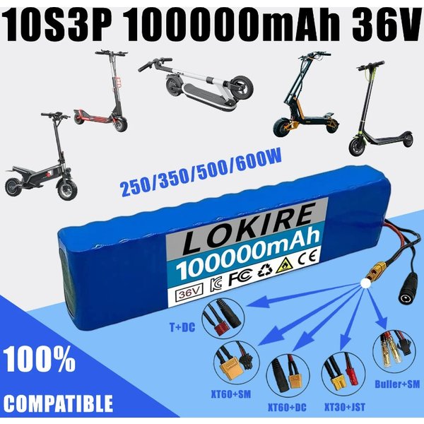 10S3P 36V 100Ah 18650 Wiederaufladbare Lithium-Batterie 1000W Modifiziertes Elektrofahrrad Elektroroller Fahrzeug mit BMS 42V2A