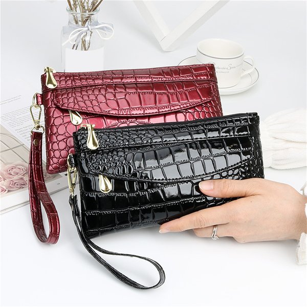 Portefeuilles en cuir verni pour femmes, Long en jachère, portefeuille à Double fermeture éclair, pochette Design rouge, bourse Crocodile