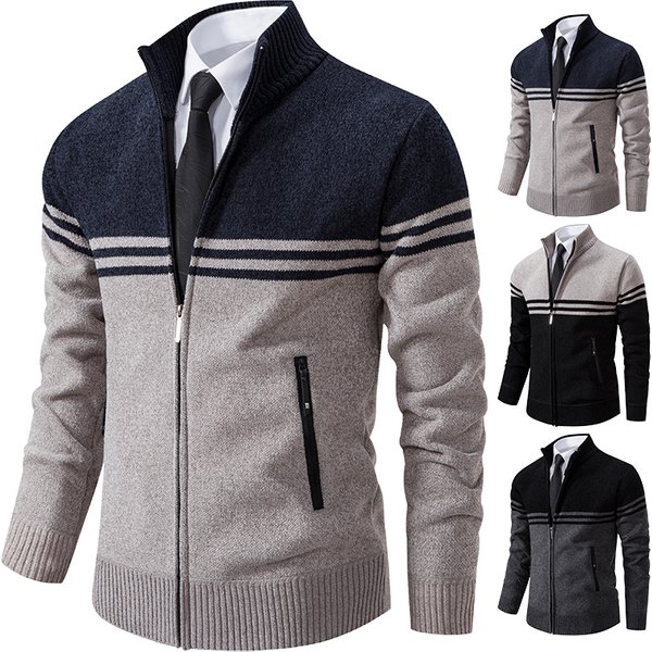 Men's New Winter Sweater Thick Fleece Warm Sweater Casual Stand Collar Zipper Cardigan Fashion Striped Coat