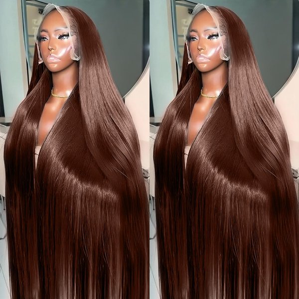 Premium Chocolate Brown Colored 13x4 HD Lace Front Human Hair Wigs 46 Long Inch Raw Indian Straight Human Hair Frontal Wigs