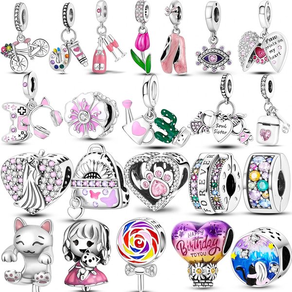 Silver Plated Pink Series Color Charm Bead Cut Girl Flower Pendant Fit Original Bracelet Necklace Jewelry Women