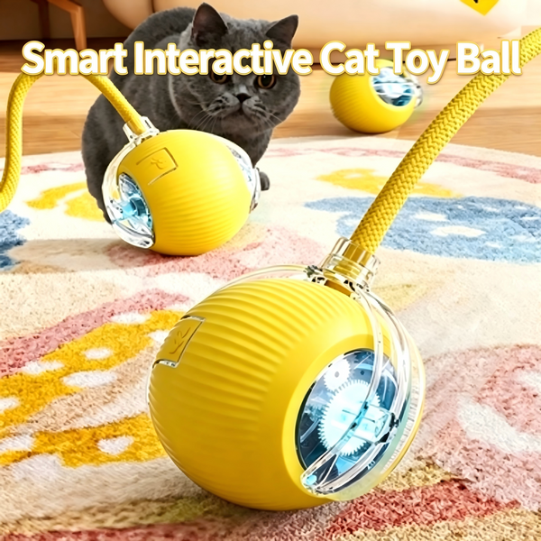 Smart Obstacle Avoidance Cat Ball Toy Adjustable Speed Electric Self Rolling Interactive Ball With Long Elastic Rope For Play