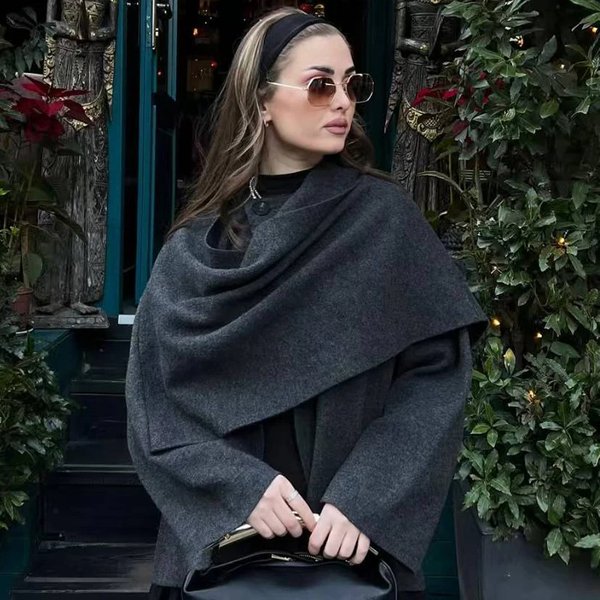 Gestrickter Mantel für Damen, asymmetrischer Schalkragen, offene Vorderseite, lange Ärmel, mit Taschen, grau, kurz geschnitten, locker geschnitten, dick, warm, elegant, im Vintage-Stil, lässiger