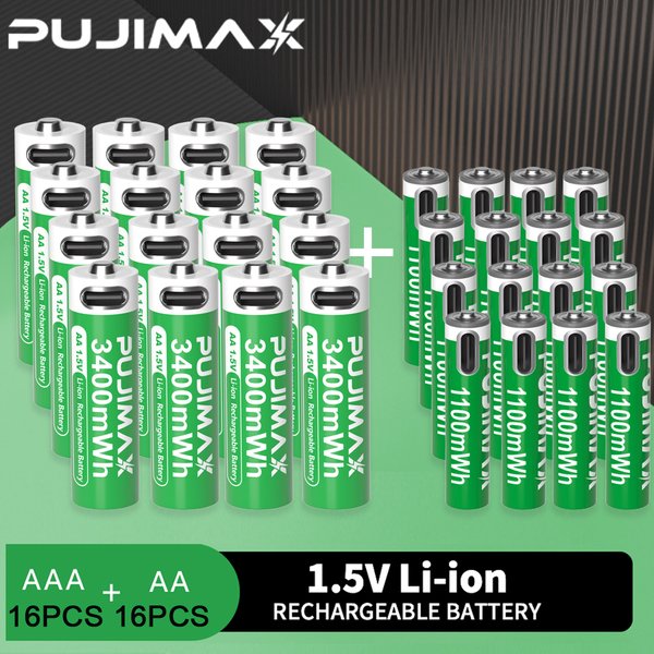 PUJIMAX 1.5V AAA/AA 3400mWh 1100mWh batterie Rechargeable USB type-c batterie Li-ion Rechargeable pour jouets électriques télécommandés