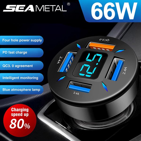 SEAMETAL 66W Car USB Charger Super Charge Phone Charger in Car Cigarette Lighter Adpater 4-Port Fast Charging for Smartphone