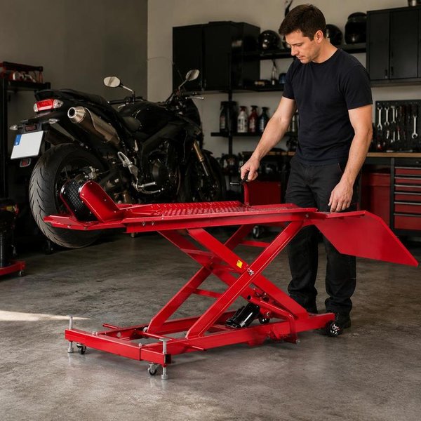 Motorradhebebühne, hydraulische Motorradhebebühne (max. 787 mm Hubhöhe), rollbarer Hebeständer, Fahrradreparaturständer (453,59 kg Tragkraft) mit Sicherheitsverriegelung für Offroad-Fahrzeuge und