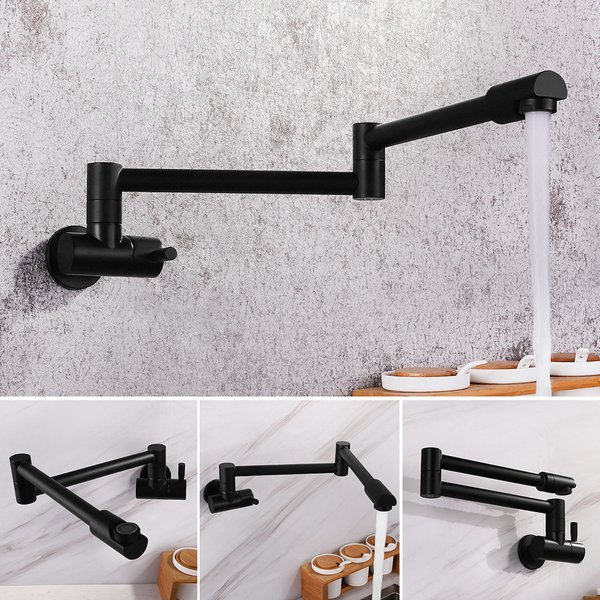 Robinet de cuisine pliant mural tout en cuivre 360 ° Robinet de remplissage de Pot brossé noir froid à Rotation unique, bras oscillant, trou unique