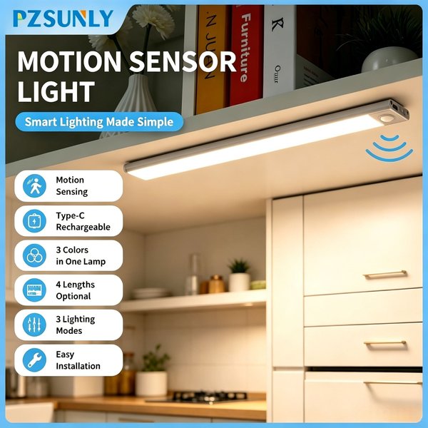 LED-Unterbauleuchte mit Bewegungssensor, 3 Farben, USB-Aufladbar, Magnetisch, Dimmbar, Nachtlampe für Küche, Kleiderschrank, Schlafzimmer, Treppen