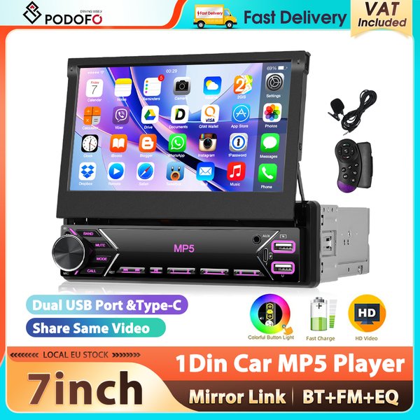 Radio samochodowe Podofo 1Din z 7-calowym wysuwanym ekranem, funkcją Mirror Link, odtwarzacz multimedialny MP5, Bluetooth, FM, wielokolorowe oświetlenie, Type-C, EQ, samochodowy zestaw stereo.