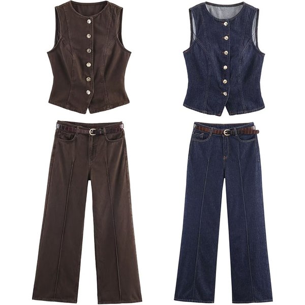 Ensemble pantalon femme HH, nouvelle mode, polyvalent, col rond, veste en jean à simple boutonnage + pantalon décontracté taille haute ample à jambes larges