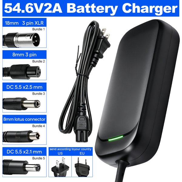 Chargeur 54,6V 2A pour batterie lithium 48V 13S, adaptateur d'alimentation pour skateboard électrique, vélo électrique, scooter, véhicule auto-équilibré, batterie Li-ion avec 5 connecteurs DC XLR 8mm