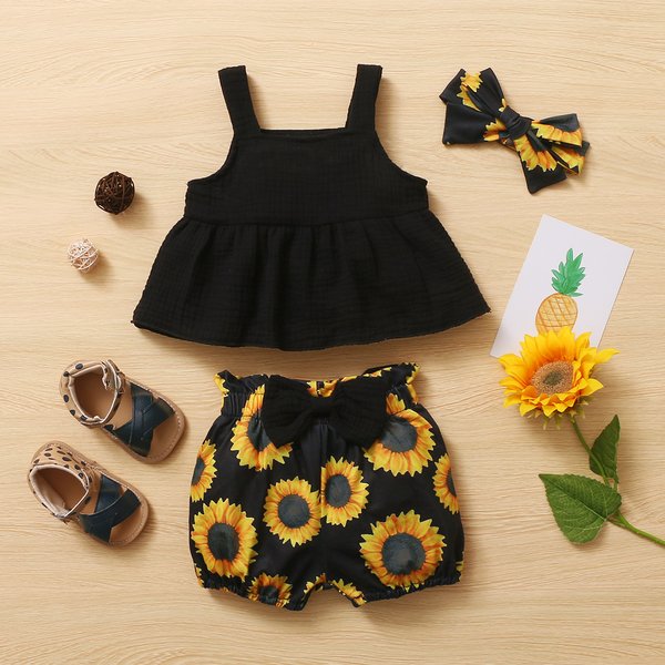 Baby girl black elastic halter top sunflower print shorts suit
