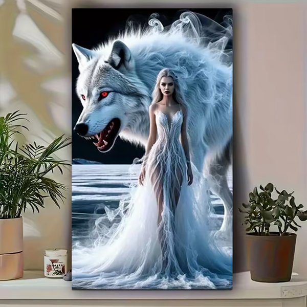Komplizierter Wolf und Frau Diamant-Kunst-Sets für Erwachsene, DIY-Diamant-Malerei-Sets, runde Diamant-Punkte, 5D-Diamant-Malerei-Set mit vollem Bohrer