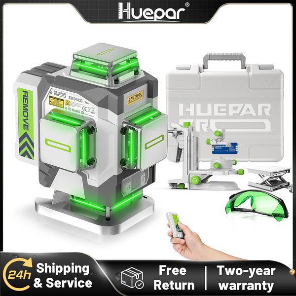 Huepar Professional 4D-Kreuzlinienlaser, ±2 mm Genauigkeit, selbstnivellierendes grünes Laserwerkzeug mit 8000 mAh Li-Ionen-Akku und Halterung