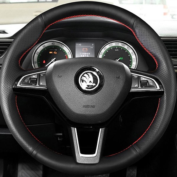 Housse de volant en Faux cuir noir, accessoires de voiture, bricolage, pour Skoda Octavia 2015 – 2019 Fabia Kodiaq Citigo Superb Scala