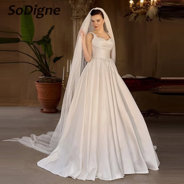 SoDigne Elegant Satin A-line Bride Dresses Sweetheart Sleeveless Pearl Beach Long Wedding Dress Princess Bridal Gowns Customized