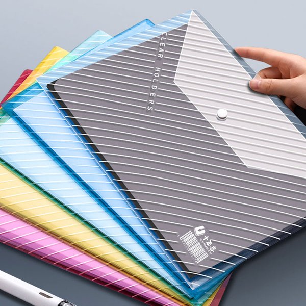 Enveloppe en plastique transparente au design rayé, élégante et belle, étanche avec bouton, format A4, dossier de fichiers