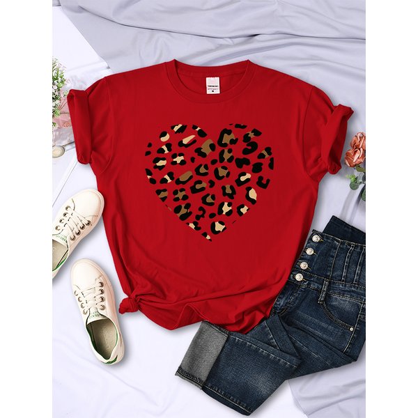 Simple cassé léopard coeur femmes t-shirt décontracté mode t-shirts doux mode t-shirt vêtements Harajuku confortable femmes t-shirt