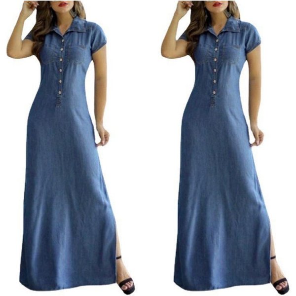 Europa und Amerika grenzüberschreitendes neues langes Kleid, Hemdkragen, geteilte Tasche, großes Swing-Kleid, großes lässiges Jeanskleid