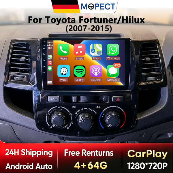 MOPECT 4+128GB Android Kabelloses Carplay Autoradio für Toyota Fortuner HILUX Revo Vigo 2007-2015 Multimedia-Videoplayer Navigation GPS Stereo 2Din BT DAB+ Dashcam