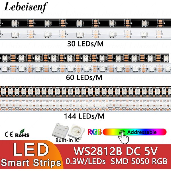 Bande lumineuse numérique adressable RGB, 1M, WS2812B, DC 5V, 0.3W/LED, 30/60/144, lampe, noir et blanc, SMD 5050 WS2812 2812 2812B