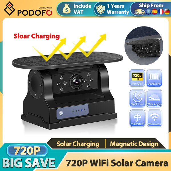 Podofo Bezprzewodowa, solarnie zasilana, magnetyczna kamera cofania Wi-Fi, wodoodporna IP67, monitor cofania do kampera, ciężarówki, przyczepy