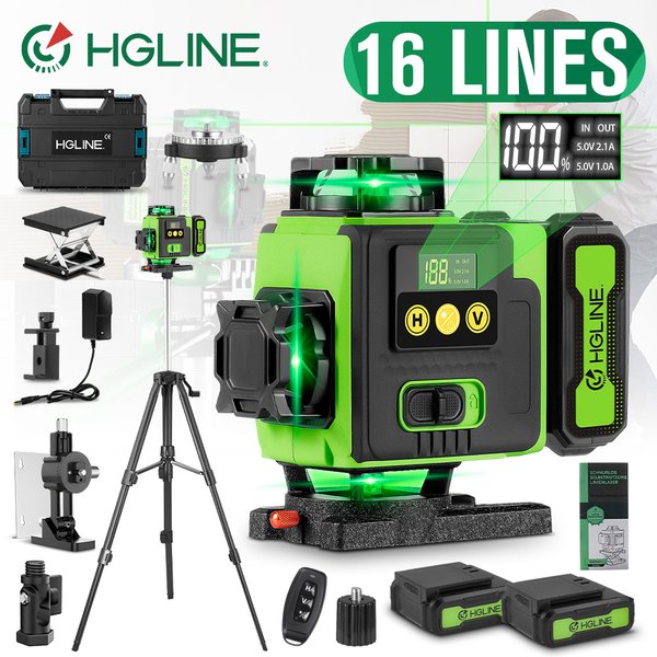 HGLINE Professionelles 16-Linien-Lasernivelliergerät mit APP-Fernbedienung, horizontaler und vertikaler Selbstnivellierung, 360°-Lasernivellierung, 6000mAh großer Li-Ionen-Akku