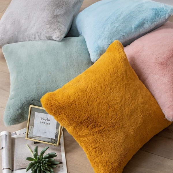 Gelber Luxus-Kissenbezug aus Kunstkaninchenfell avec Reißverschluss, weich, gemütlich, pour Schlafzimmer, Sofa, Couch, Dekor, Coussin Canapé