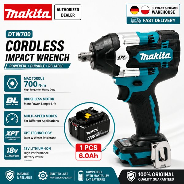 Original Makita DTW700 18V Akku-Schlagschrauber, bürstenlos, 700 Nm, professioneller Elektroschrauber, 1/2 Zoll Vierkantanschluss, variable Geschwindigkeit, Auto-Stopp-Funktion, kompatibel mit Makita