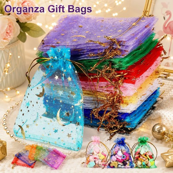 50 Stück Mond- und Stern-Motiv Organza-Beutel mit Kordelzug, Schmuck-Geschenkbeutel, Gold-Stern-Organza-Beutel für Weihnachten und Hochzeiten