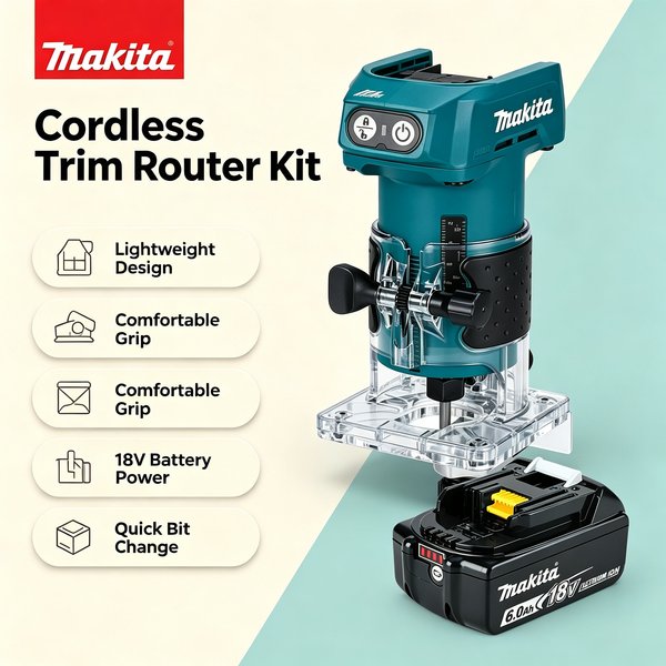 Zuverlässiger Original Makita DRT52 18V LXT Akku-Kompaktfräser, kabelloser tragbarer Holztrimmer für präzises Kantenschleifen, Nutenbearbeitung, Schlitzherstellung, Tischlerei, Montage und