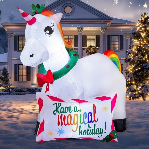 Sloosh 6 FT langes, aufblasbares, magisches Weihnachts-Einhorn mit integrierten LEDs, aufblasbare Dekorationen für Weihnachtsfeiern, geeignet für Innenräume, Außenbereiche, Gärten, Rasenflächen,