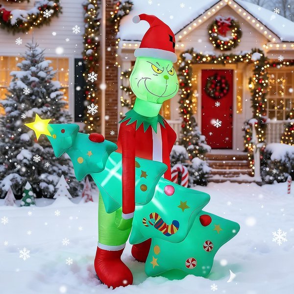 6.8FT 2.1m Christmas Inflatable Christmas Climbing Santa Inflatable Elf Inflatable Outdoor Garden LED Christmas Decorations