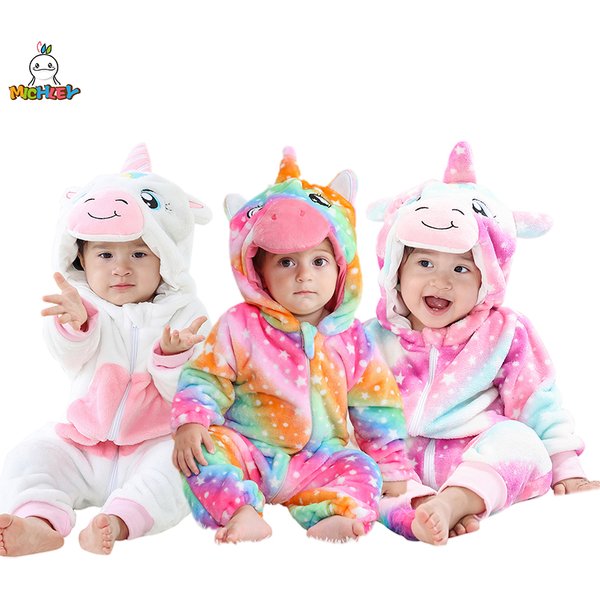 Michley neue Halloween Regenbogen Einhorn Baby Stram pler Winterkleid ung Cartoon Flanell Kostüm weiche Bodys insgesamt bebe für 2-36m