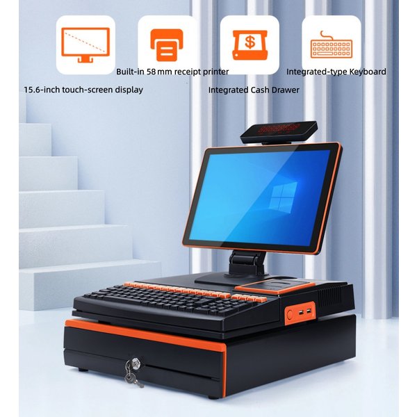 Système de caisse enregistreuse POS tout-en-un réglable avec imprimante de reçus 58 mm, clavier, tiroir-caisse, écran tactile 15,6" et double écran