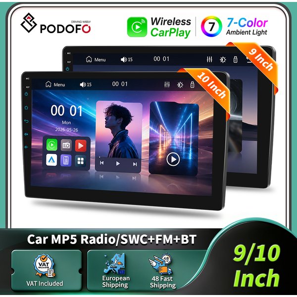 Podofo 9" 10" 2Din Auto-MP5-Player mit Wireless Carplay, Android Auto, Universelles Stereo-Radio, MirrorLink, HD-Touchscreen, Smart Driving System, GPS-Navigation, EQ, DVR, BT-Headunit