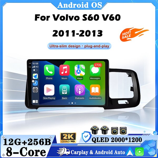 Android 16 GPS Stereo do Volvo S60 V60 2011 2012 2013 Radio Samochodowe Autoradio Odtwarzacz Multimedialny Carplay 4G+WIFI BT DSP Ekran QLED