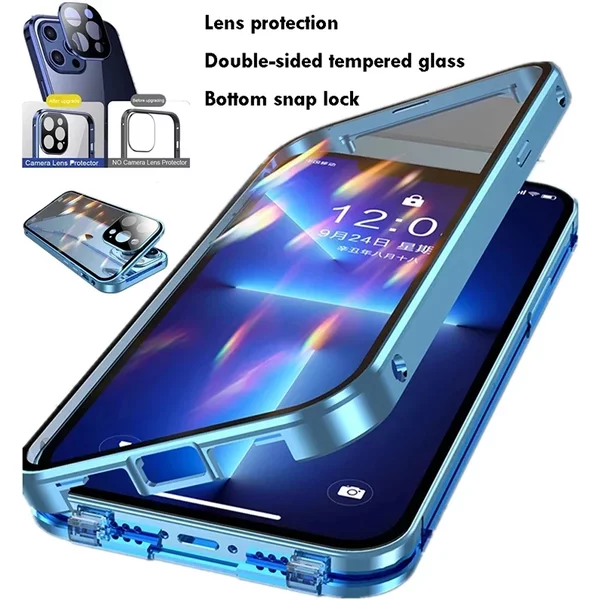 360 ° Vollständiger Schutz aus Metall, magnetisch, doppelseitig, Glas, Schnappverschluss, Handyhülle für iPhone 16 Pro Max, 14, 11, 12, 13, 15 Pro Max /*-/