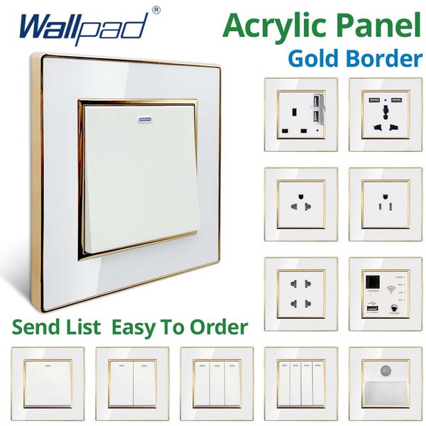 Wallpad US UK Steckdosen und Schalter 220 V weißes Acrylpanel mit goldenem Rand USB-Ladeanschluss Steckdose 1 2 3 4 Gang 2-Wege-Reset 3-Wege