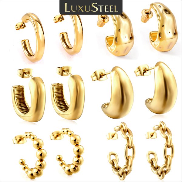 LUXUSTEEL Stylish C Shaped Women Hoop Earrings Gold Plated Stainless Steel Beads Square Rolo Dangle Ear Jewelry Gift for Her
