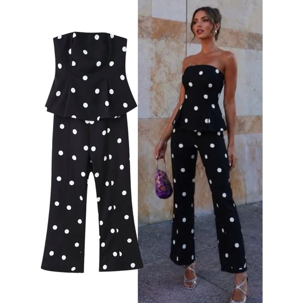 HH Eleganter Damen-Jumpsuit mit Polka Dots 2026 Sommer Trägerloser Ärmelloser Rüschen-Saum Tube-Top Hohe Taille Schlaghose Damen-Romper