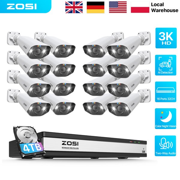 ZOSI 16-Kanal 4K PoE CCTV Sicherheitskamerasystem H.265+ 8MP 16CH NVR mit 4TB HDD für 24/7 Aufnahme 5MP PoE IP Überwachungskameras für Innen und Außen